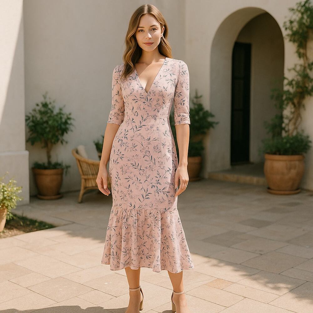 Floral Pink Dress Three Quarter Sleeve  [LAST TWO]